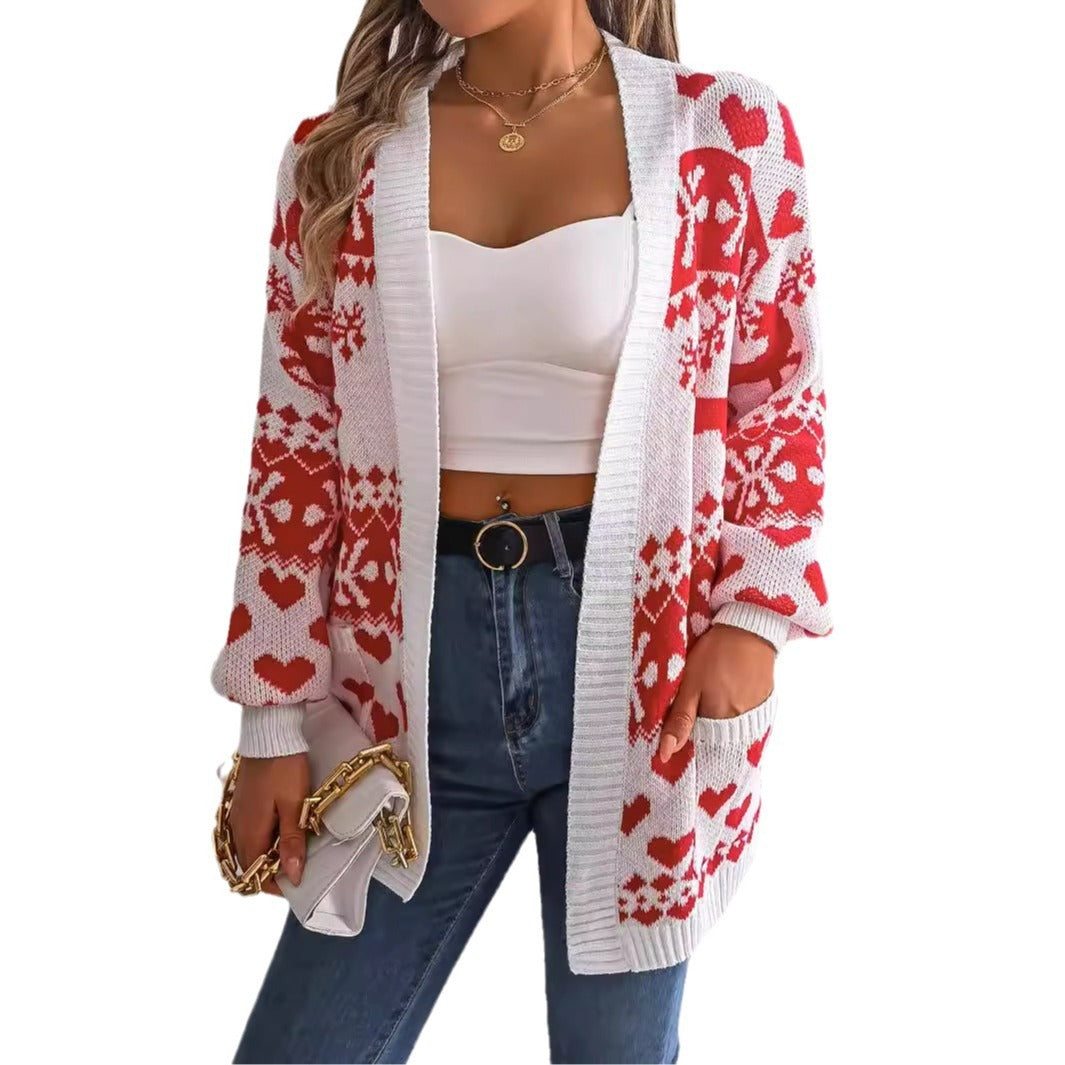 Open Front Cardigan Knitwear Xmas Printed Deer Sweater