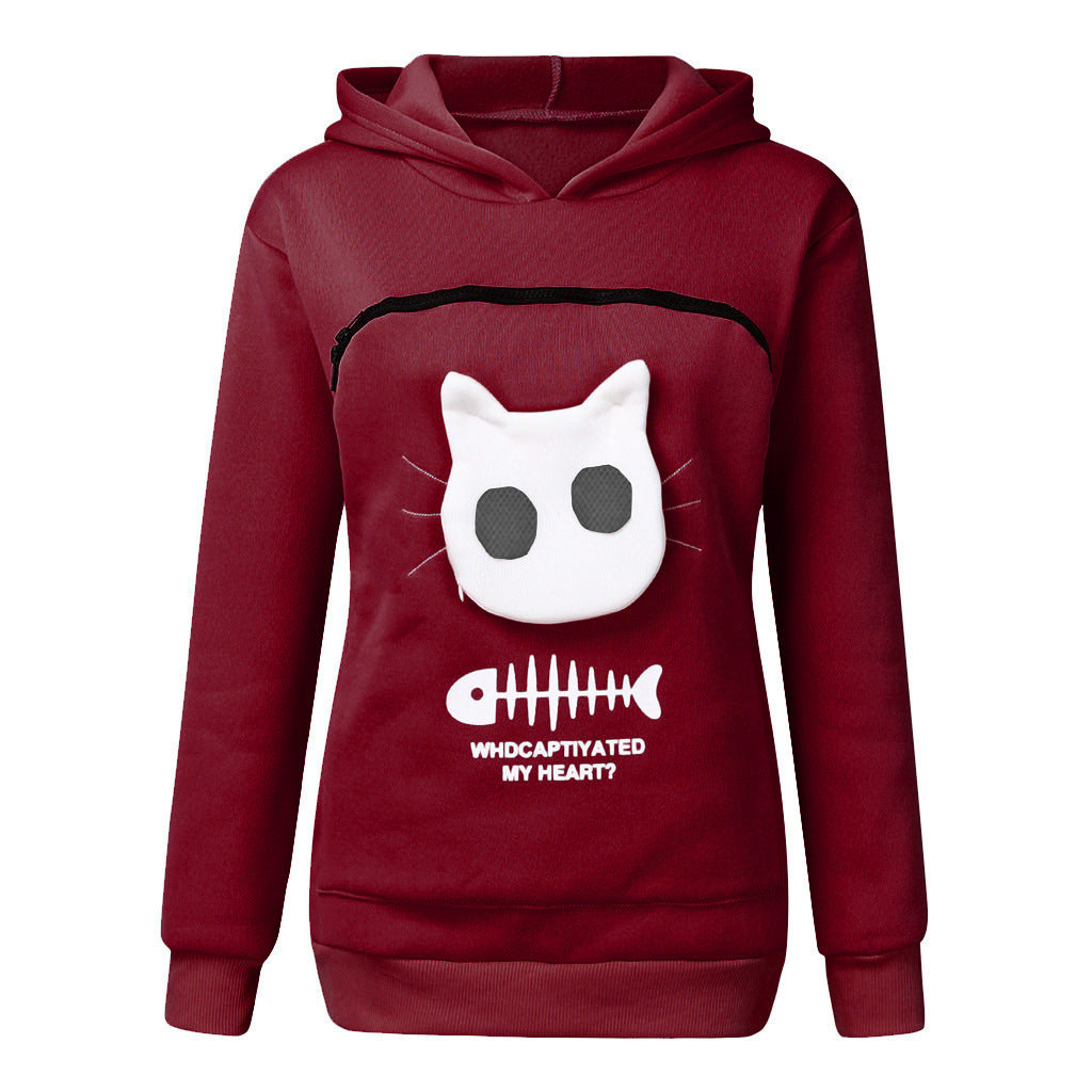 Women Hoodie With Cat Pet Pocket Design
