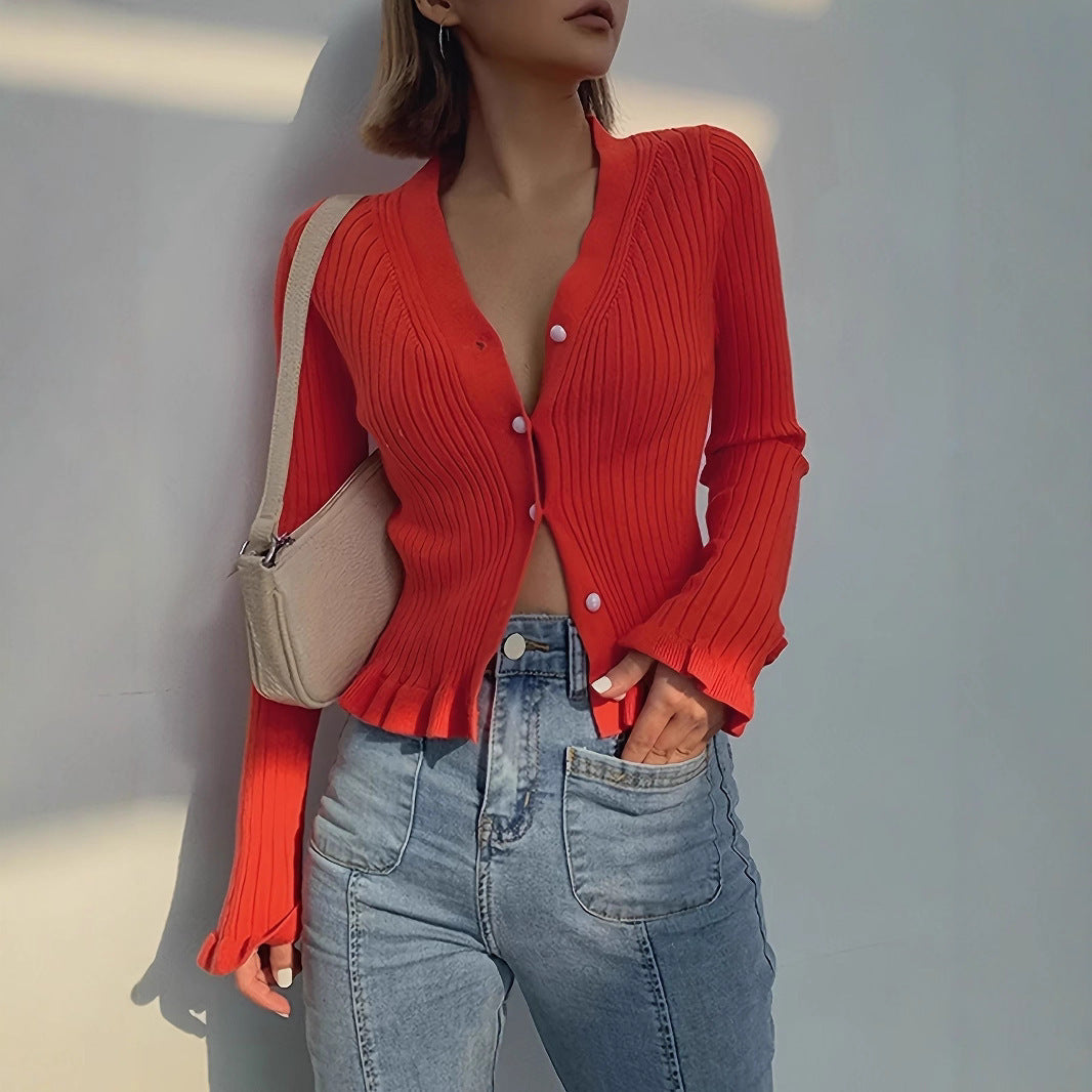 Women's V-neck Flounce Knitted Cardigan Sweater