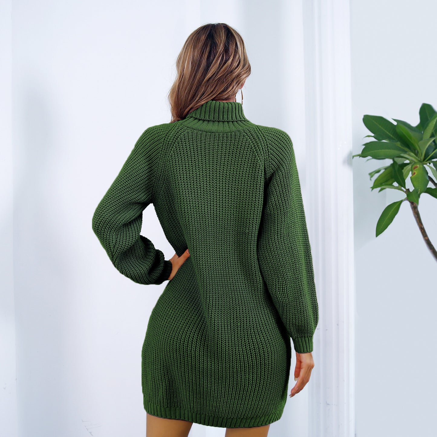Winter Turtleneck Long Sweater Dress With Button Design (without belt)