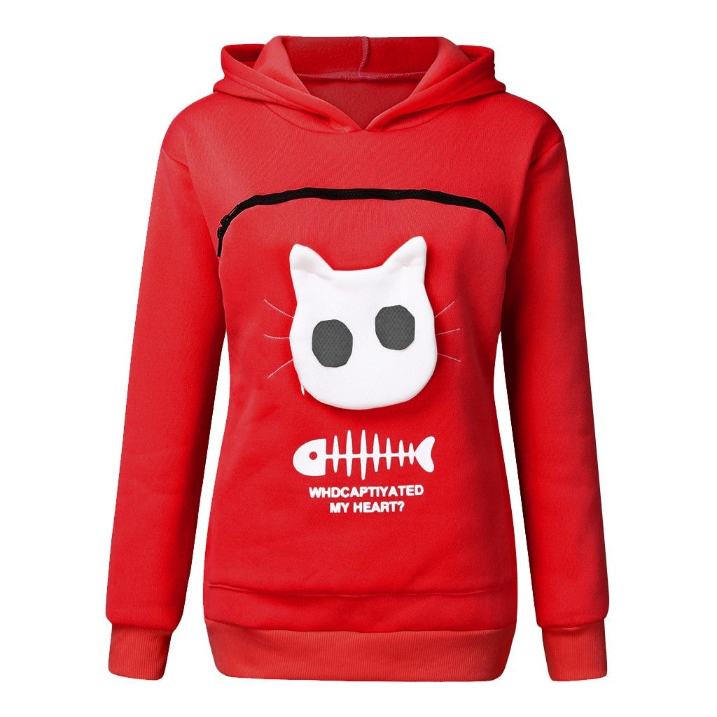 Women Hoodie With Cat Pet Pocket Design