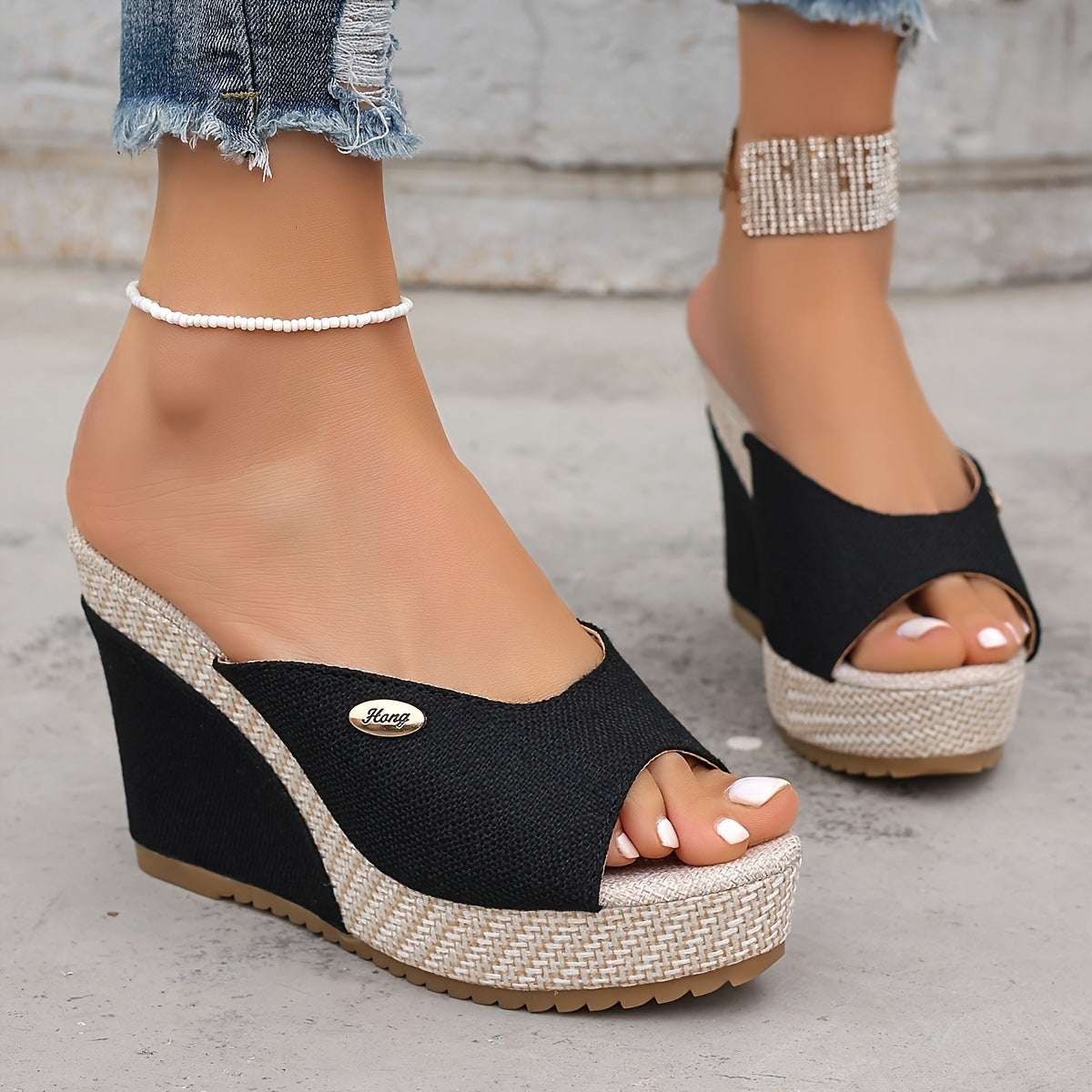 Women's Black Wedge Sandals With Buckle Details