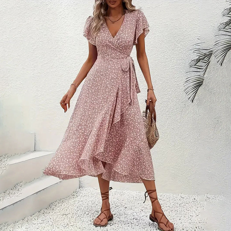 Women's Summer Floral Boho Dress Wrap V Neck Short Sleeve