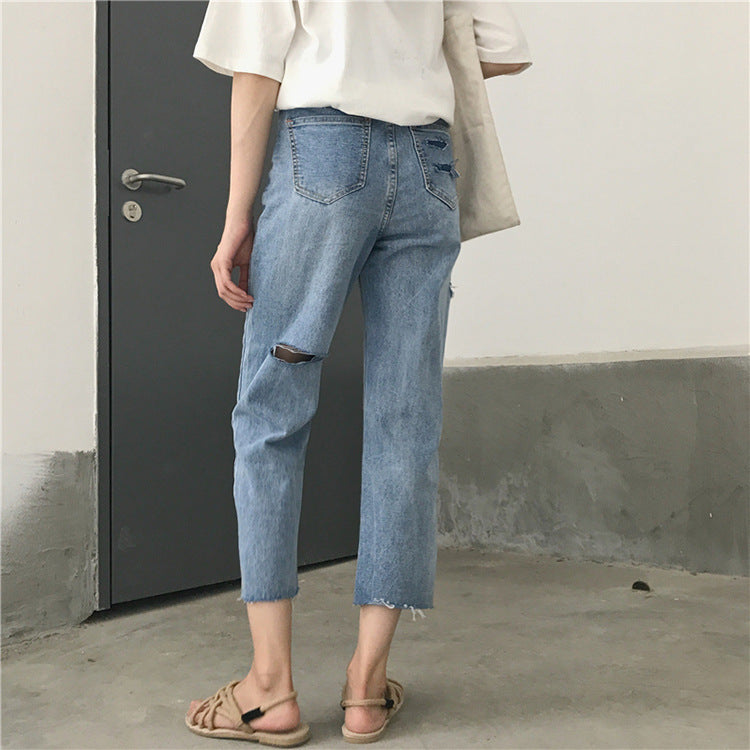 Loose and thin nine-point ripped jeans casual pants