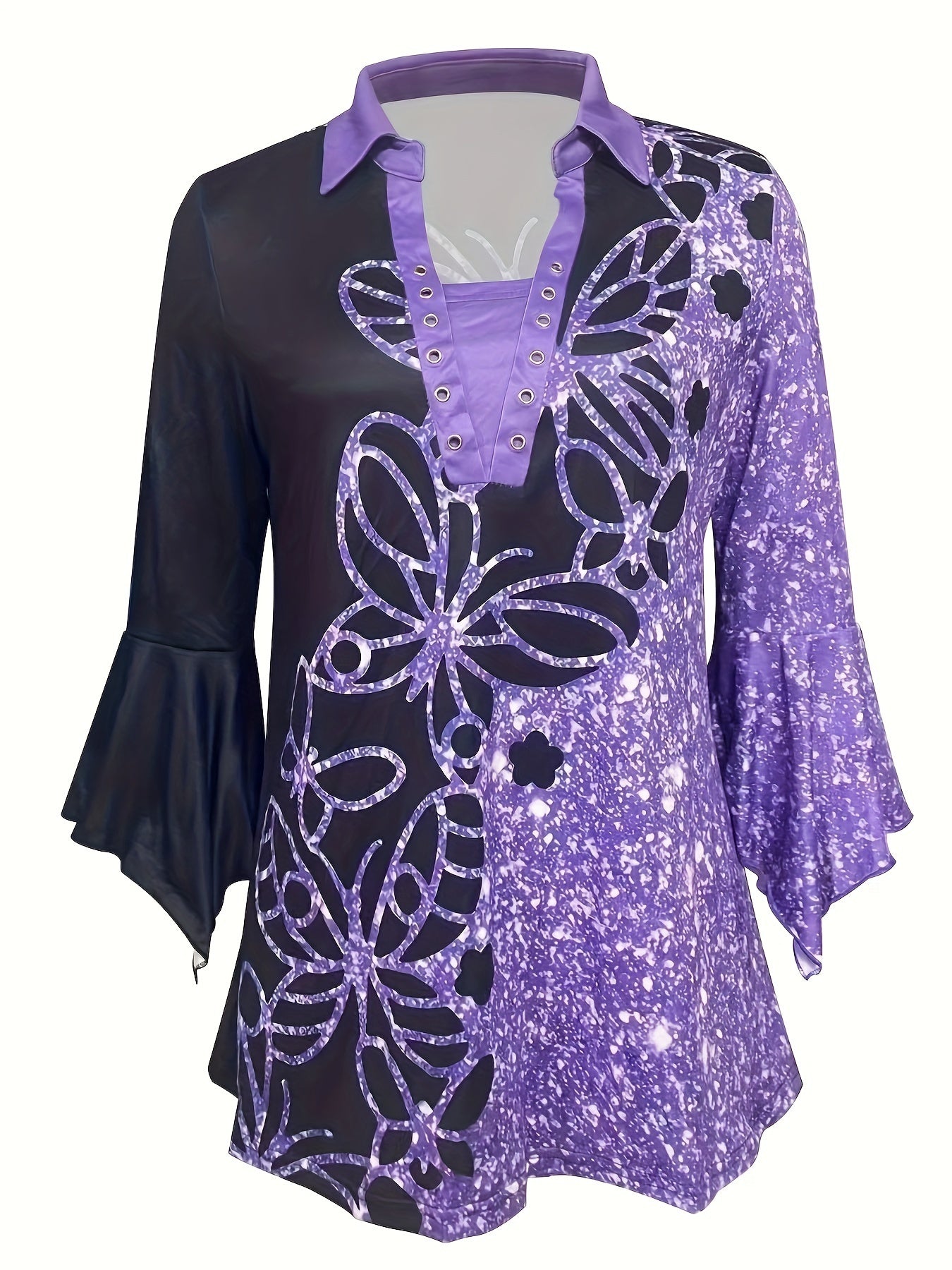 Spring And Autumn New Printed Lapel Three-quarter Sleeve T-shirt