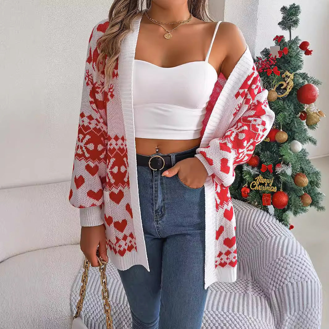 Open Front Cardigan Knitwear Xmas Printed Deer Sweater