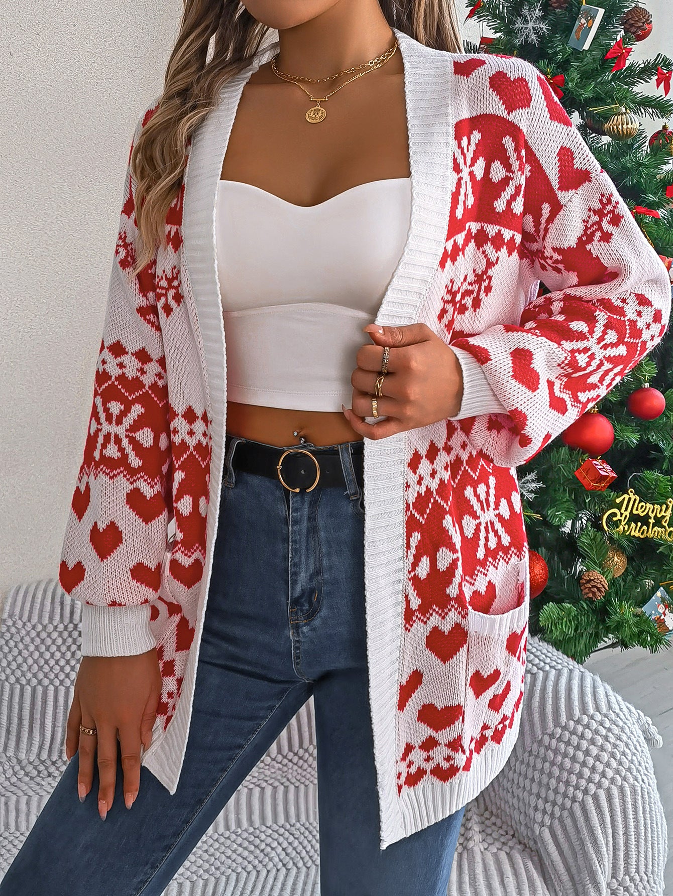 Open Front Cardigan Knitwear Xmas Printed Deer Sweater