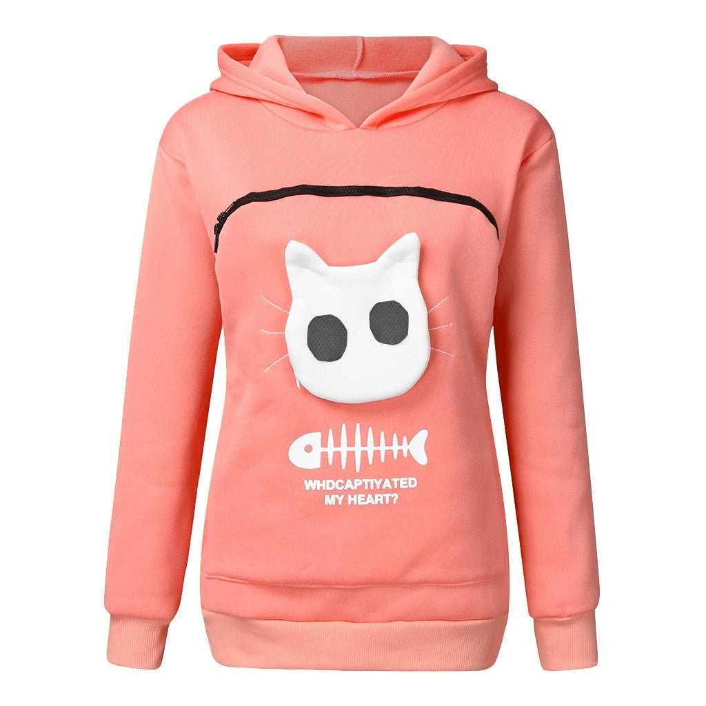 Women Hoodie With Cat Pet Pocket Design