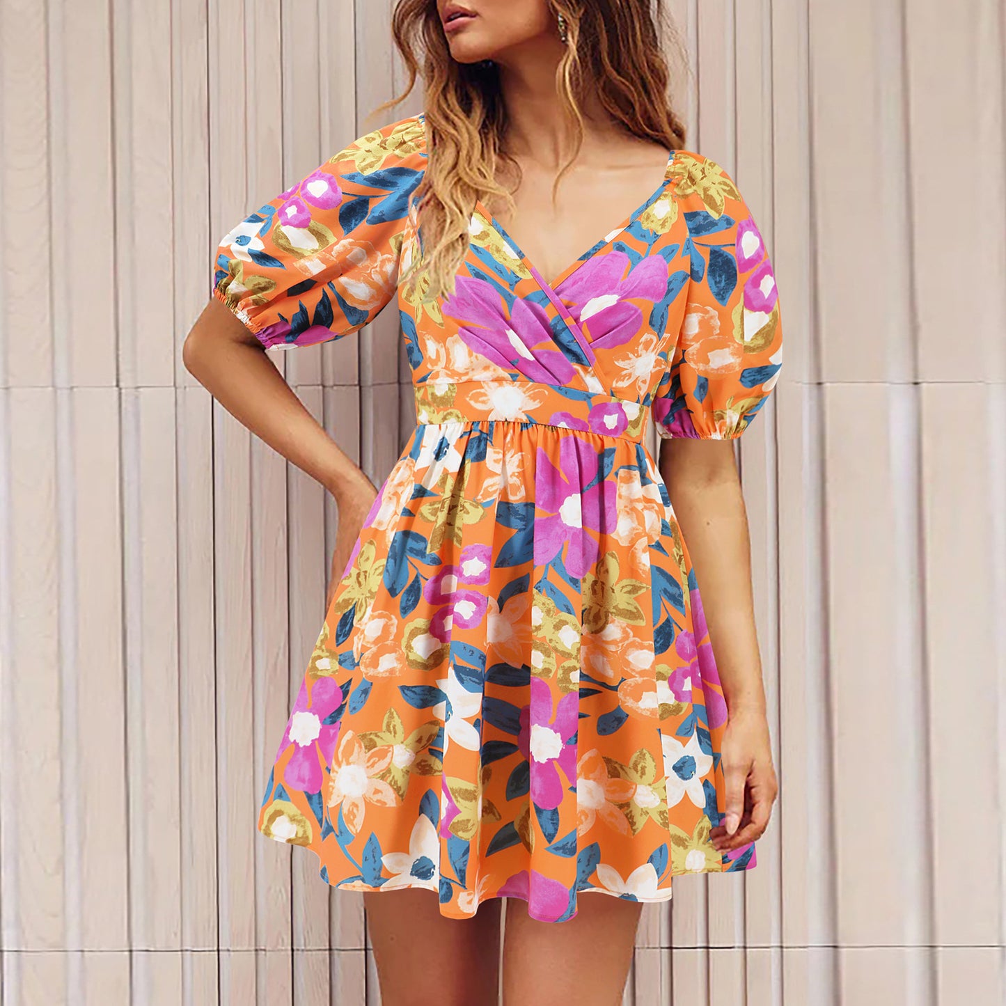 Flowers Print V-Neck Lantern-sleeve Dress Y2K Summer Vacation Beach Short Dresses