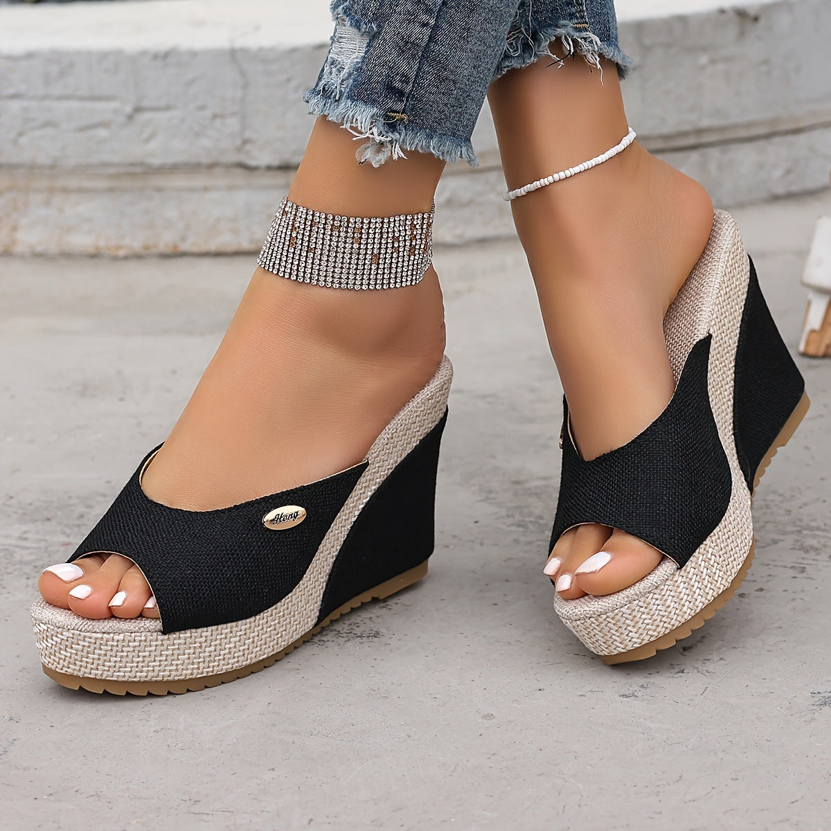 Women's Black Wedge Sandals With Buckle Details