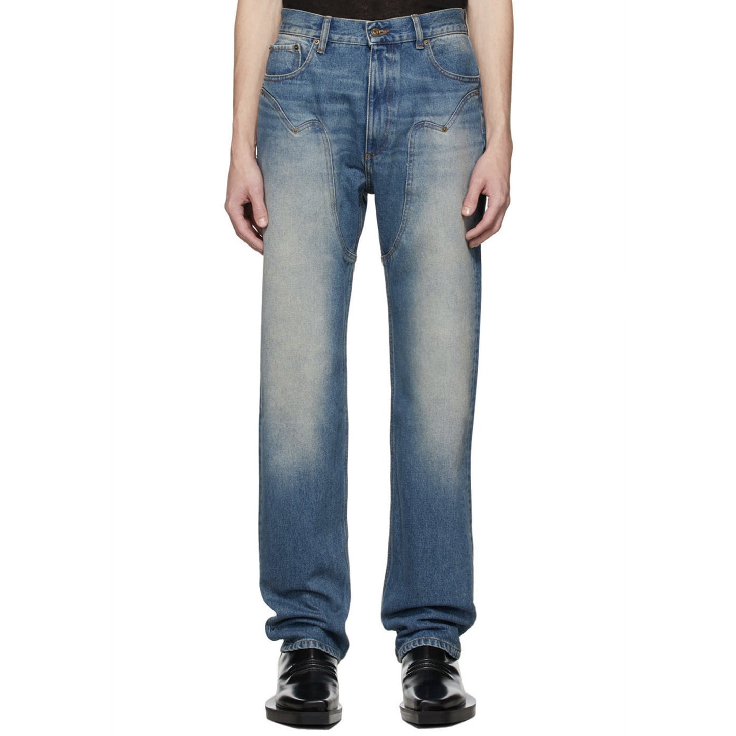 Straight Slim Jeans With Washed Old Blue Stitching