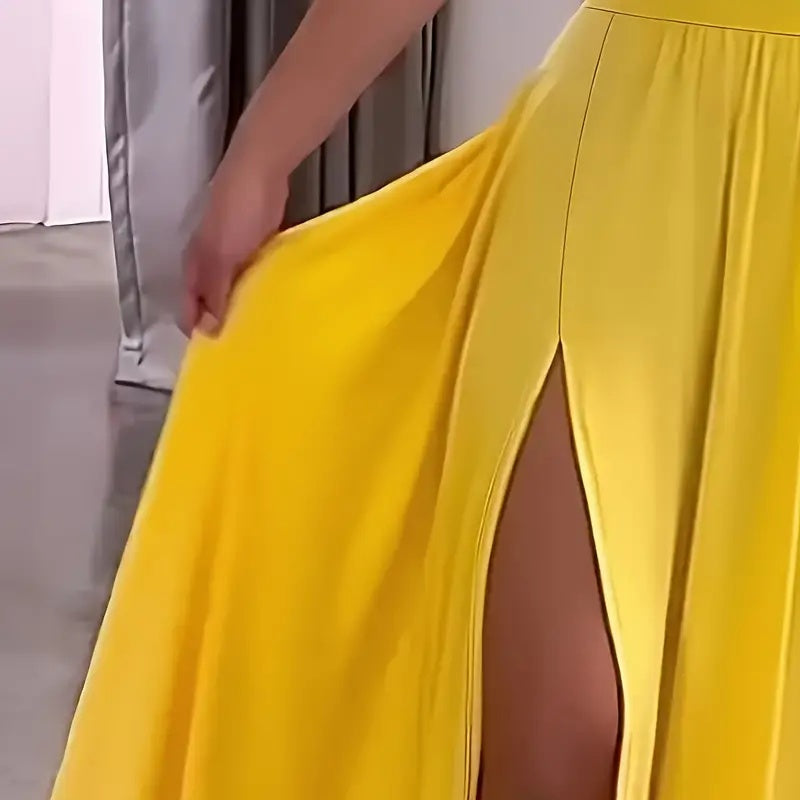 Women's Deep V Neck Maxi Dress Spaghetti Strap Sleeveless Backless High Slit Long Dress