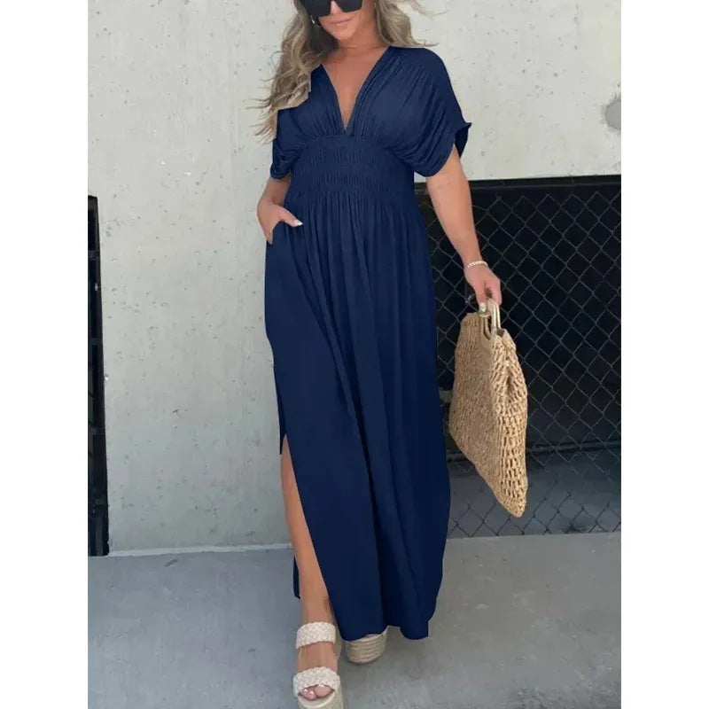 Fashion Bat-sleeved V-neck Slit Dress Summer Short Sleeve