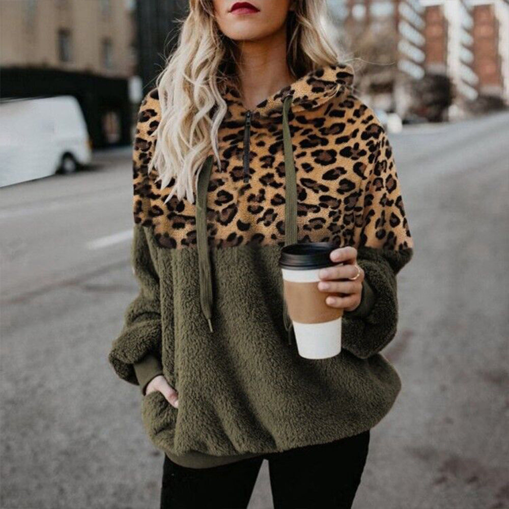 Leopard Print Hooded Sweater Loose Fall Winter Women top