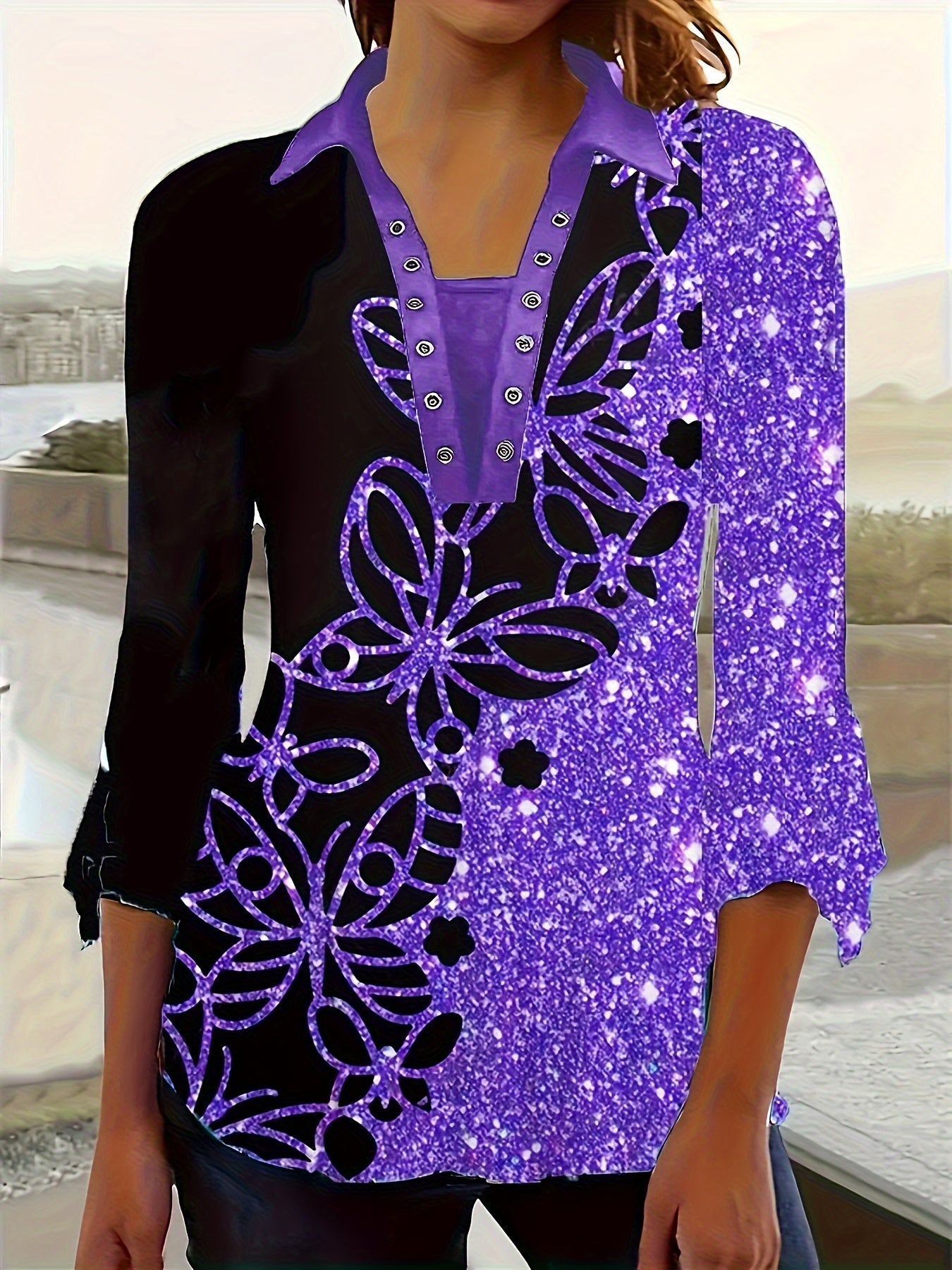 Spring And Autumn New Printed Lapel Three-quarter Sleeve T-shirt