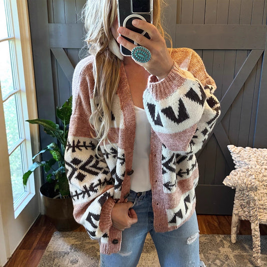 Loose And Lazy Style Jacquard Knitted Cardigan Sweater