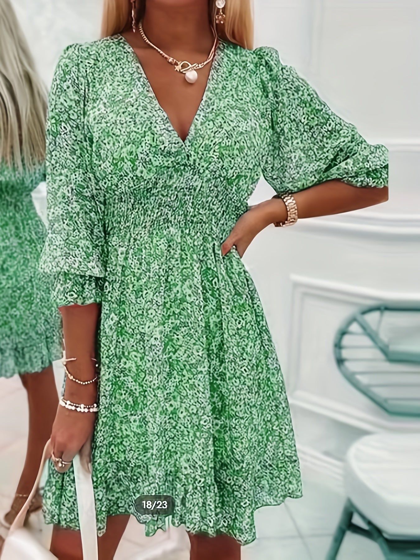 V-neck Printed Dress With Ruffled Sleeves And Waist-exquisite