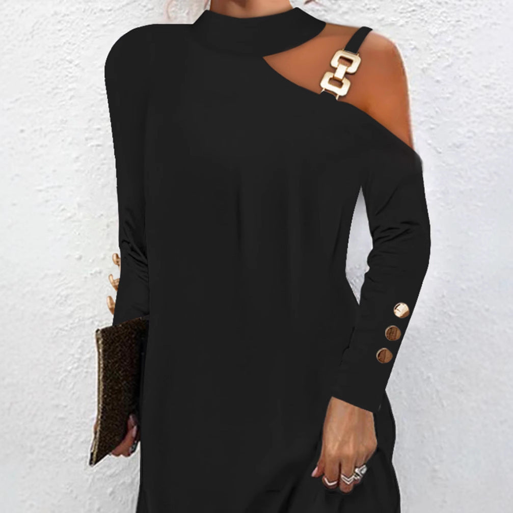 Stylish And Simple Personality Metal Buckle Halter Dress
