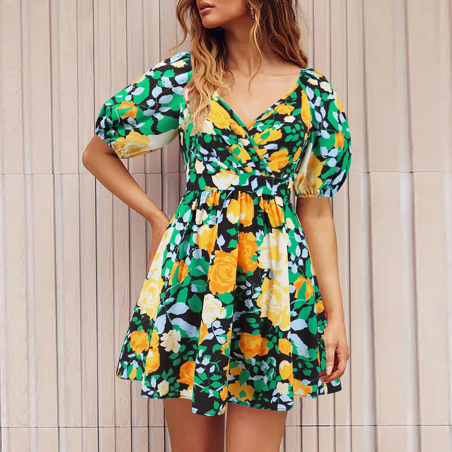 Flowers Print V-Neck Lantern-sleeve Dress Y2K Summer Vacation Beach Short Dresses