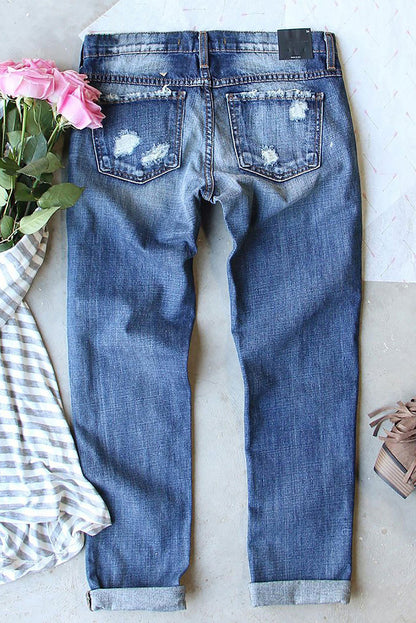 Woman's Middle In Ripped Printed Jeans