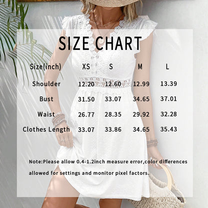 Women's V Neck Lace Mini Dresses Casual Summer Ruffle Sleeve Crochet Sundresses