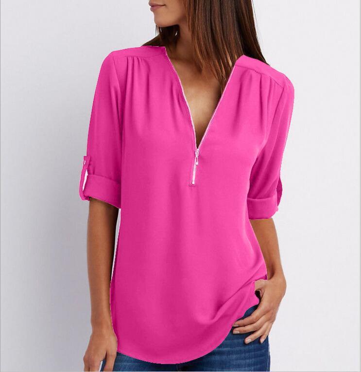 Zip V-neck Short Sleeve Loose Tops