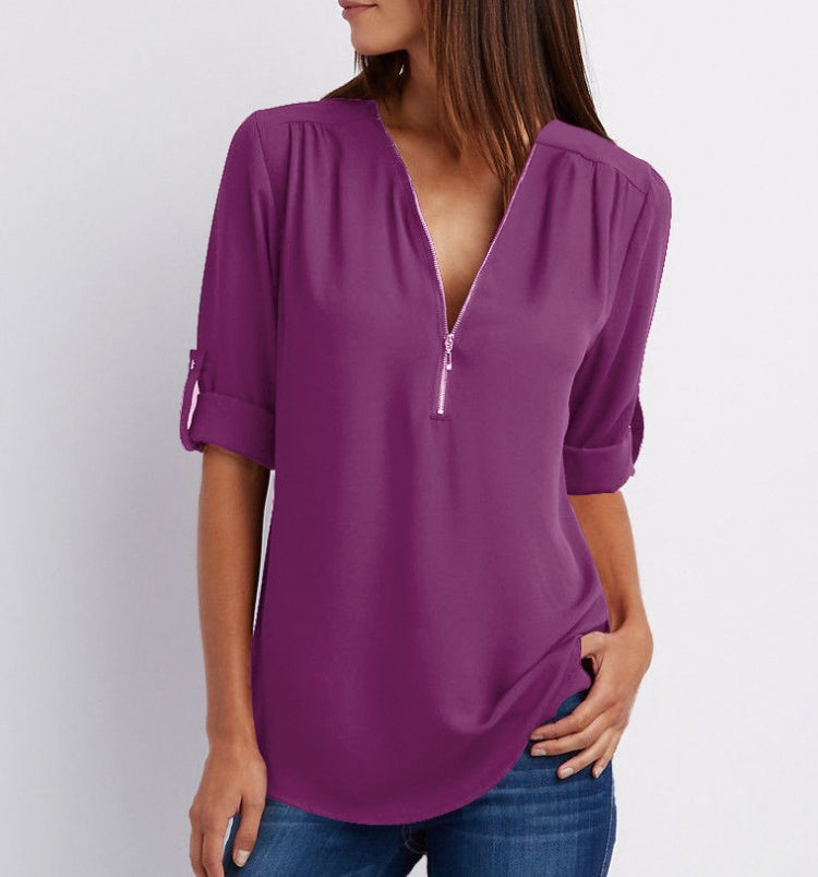 Zip V-neck Short Sleeve Loose Tops