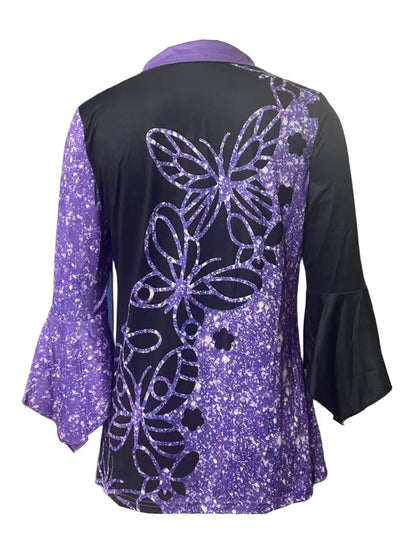 Spring And Autumn New Printed Lapel Three-quarter Sleeve T-shirt