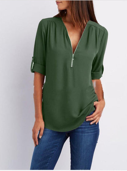 Zip V-neck Short Sleeve Loose Tops