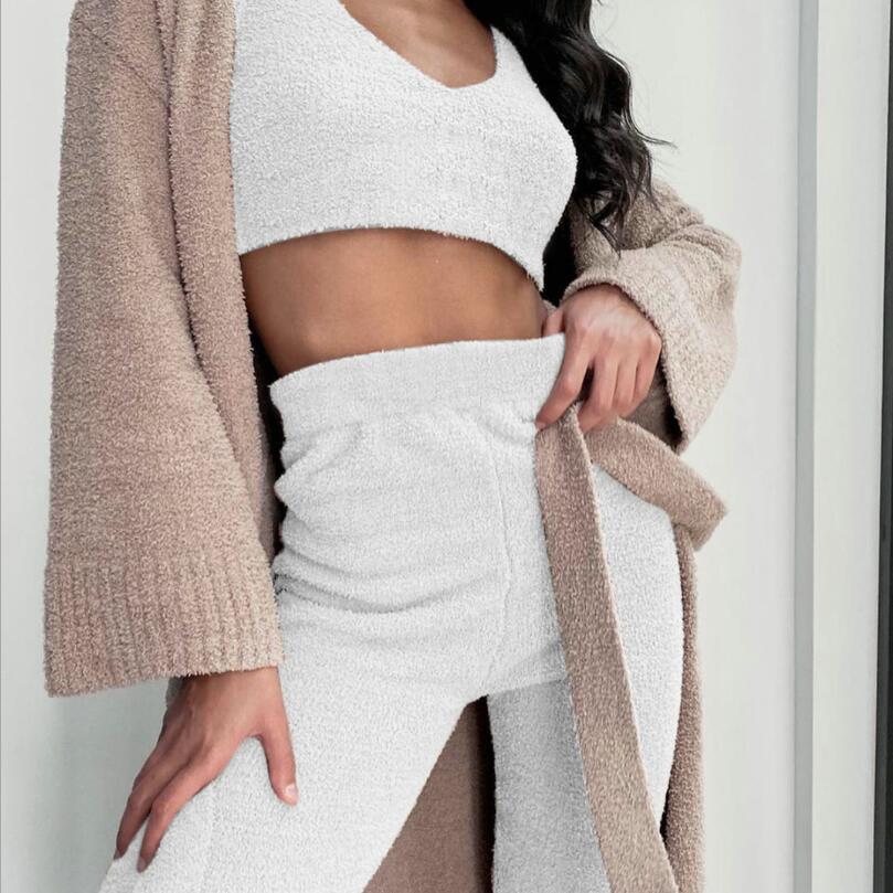 3pcs Womens Long Sleeve Crop Tank Top And Drawstring Shorts Pajama Set