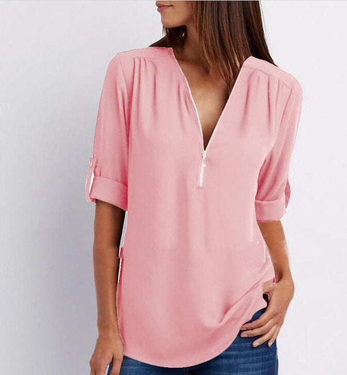 Zip V-neck Short Sleeve Loose Tops