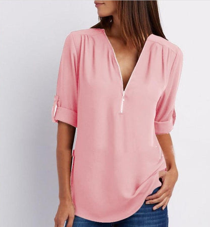 Zip V-neck Short Sleeve Loose Tops