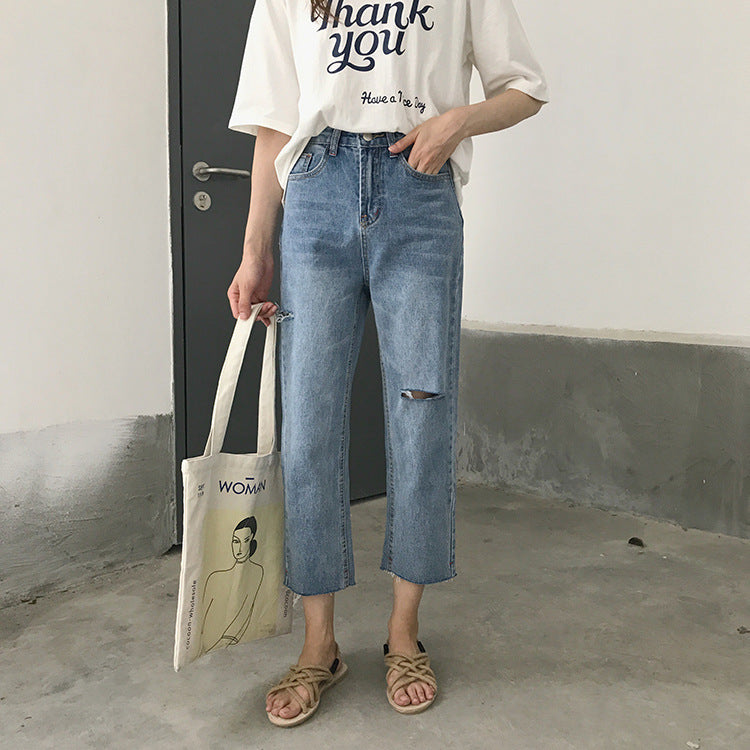 Loose and thin nine-point ripped jeans casual pants