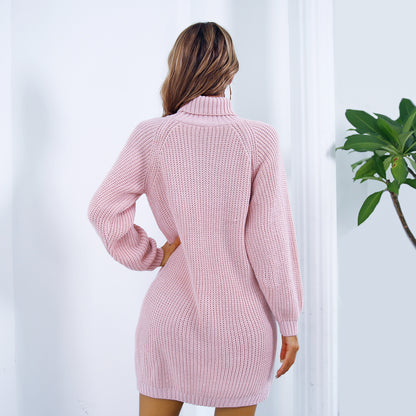 Winter Turtleneck Long Sweater Dress With Button Design  (without belt)