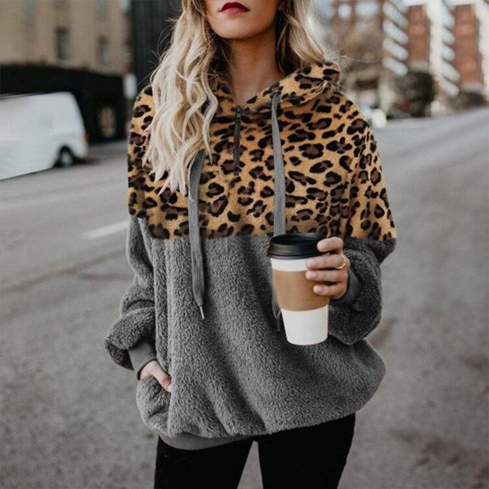 Leopard Print Hooded Sweater Loose Fall Winter Women top