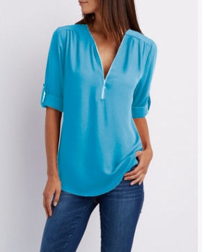 Zip V-neck Short Sleeve Loose Tops