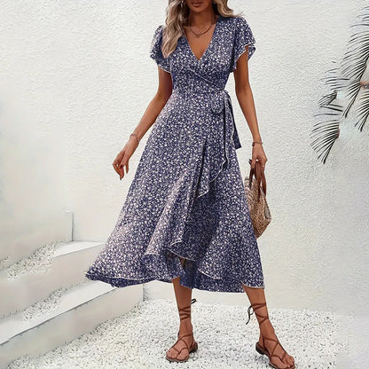 Women's Summer Floral Boho Dress Wrap V Neck Short Sleeve