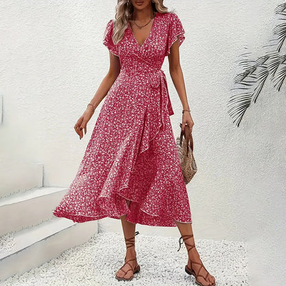 Women's Summer Floral Boho Dress Wrap V Neck Short Sleeve