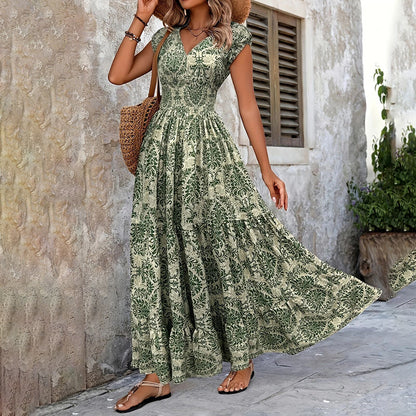 Women's  V-Neck Short Sleeve Maxi Dress Summer Prints And Flowy Big Hem Beach Dresses