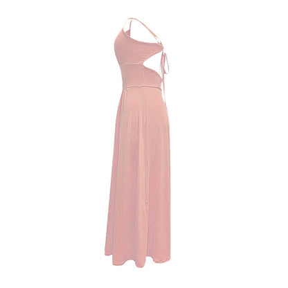 Women's Deep V Neck Maxi Dress Spaghetti Strap Sleeveless Backless High Slit Long Dress