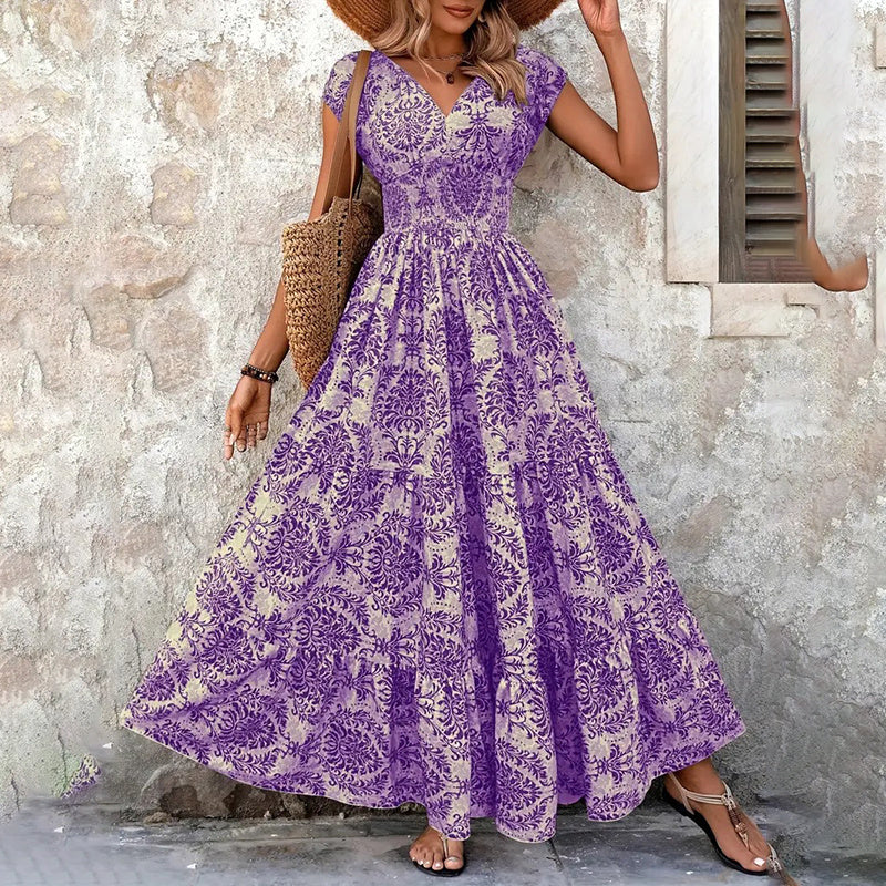 Women's  V-Neck Short Sleeve Maxi Dress Summer Prints And Flowy Big Hem Beach Dresses