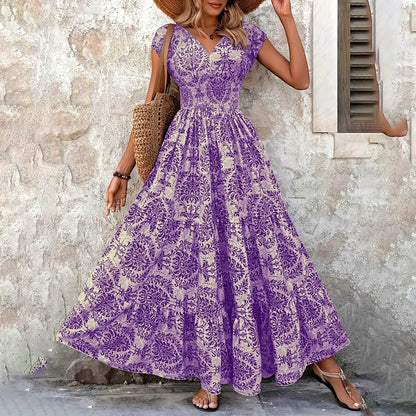 Women's  V-Neck Short Sleeve Maxi Dress Summer Prints And Flowy Big Hem Beach Dresses
