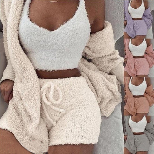 3pcs Womens Long Sleeve Crop Tank Top And Drawstring Shorts Pajama Set