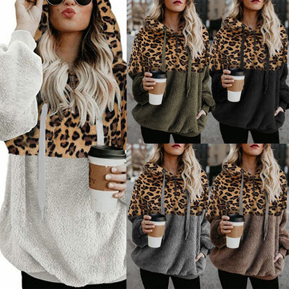 Leopard Print Hooded Sweater Loose Fall Winter Women top