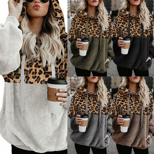 Leopard Print Hooded Sweater Loose Fall Winter Women top
