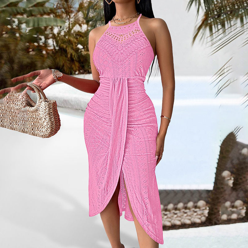 Women's Halter Neck Ruched Bodycon Midi Dresses