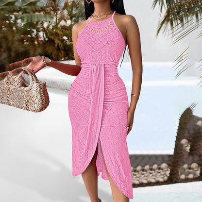 Women's Halter Neck Ruched Bodycon Midi Dresses