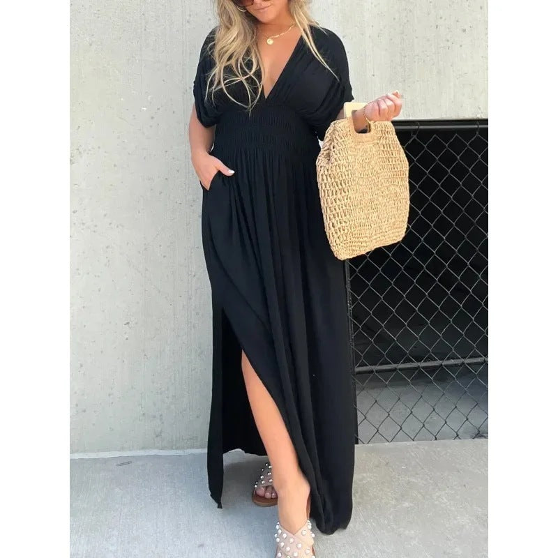 Fashion Bat-sleeved V-neck Slit Dress Summer Short Sleeve