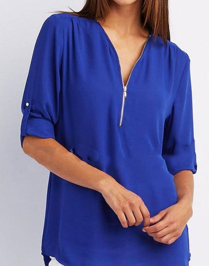 Zip V-neck Short Sleeve Loose Tops