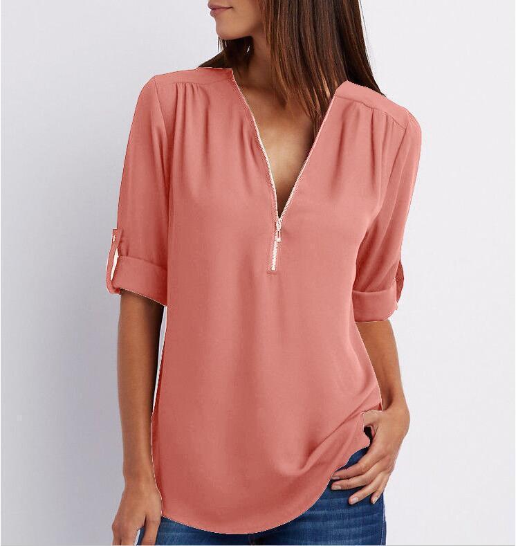 Zip V-neck Short Sleeve Loose Tops